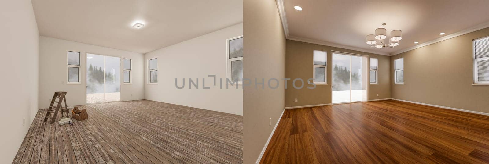 Before and After of Unfinished Raw and Newly Remodeled Room Of House with Finished Wood Floors, Moulding, Paint and Ceiling Lights.