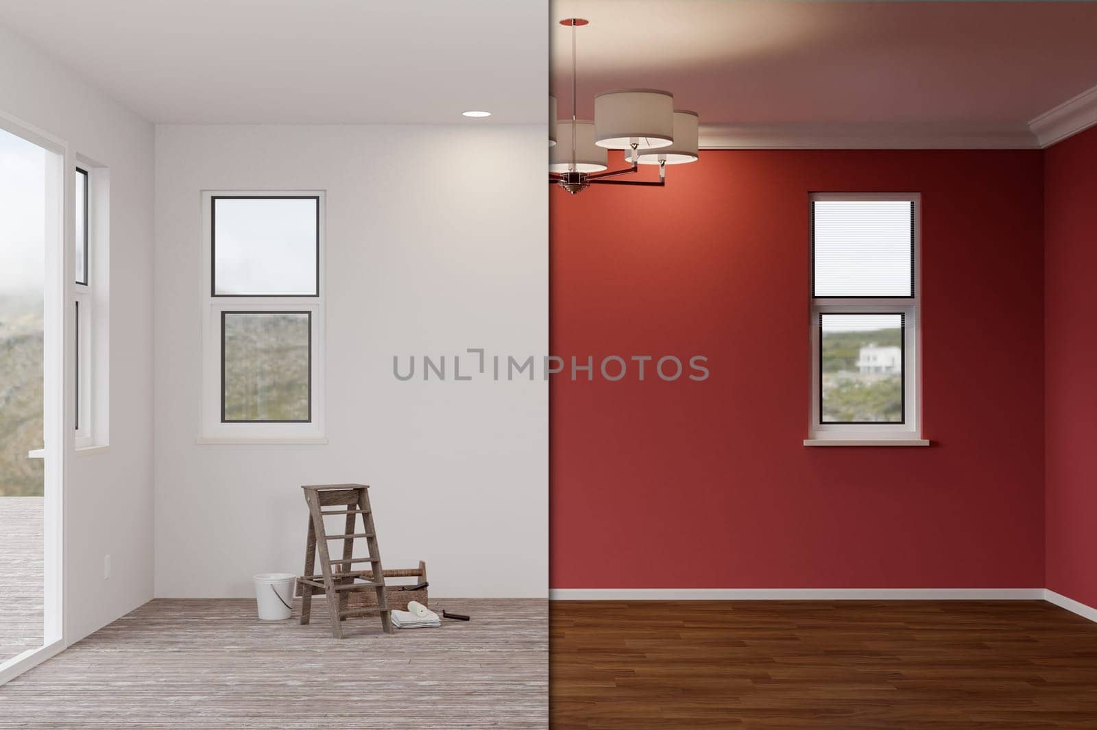 3D Illustration of Unfinished Raw and Newly Remodeled Room of House Before and After with Wood Floors, Moulding, Dark Red Paint and Ceiling Lights.