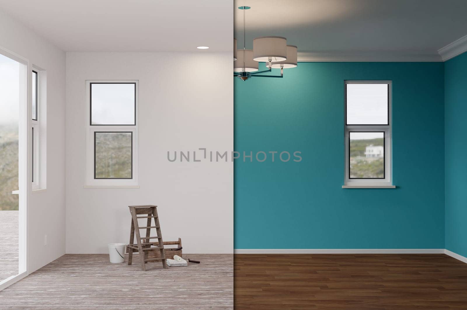 3D Illustration of Unfinished Raw and Newly Remodeled Room of House Before and After with Wood Floors, Moulding, Rich Blue Paint and Ceiling Lights.