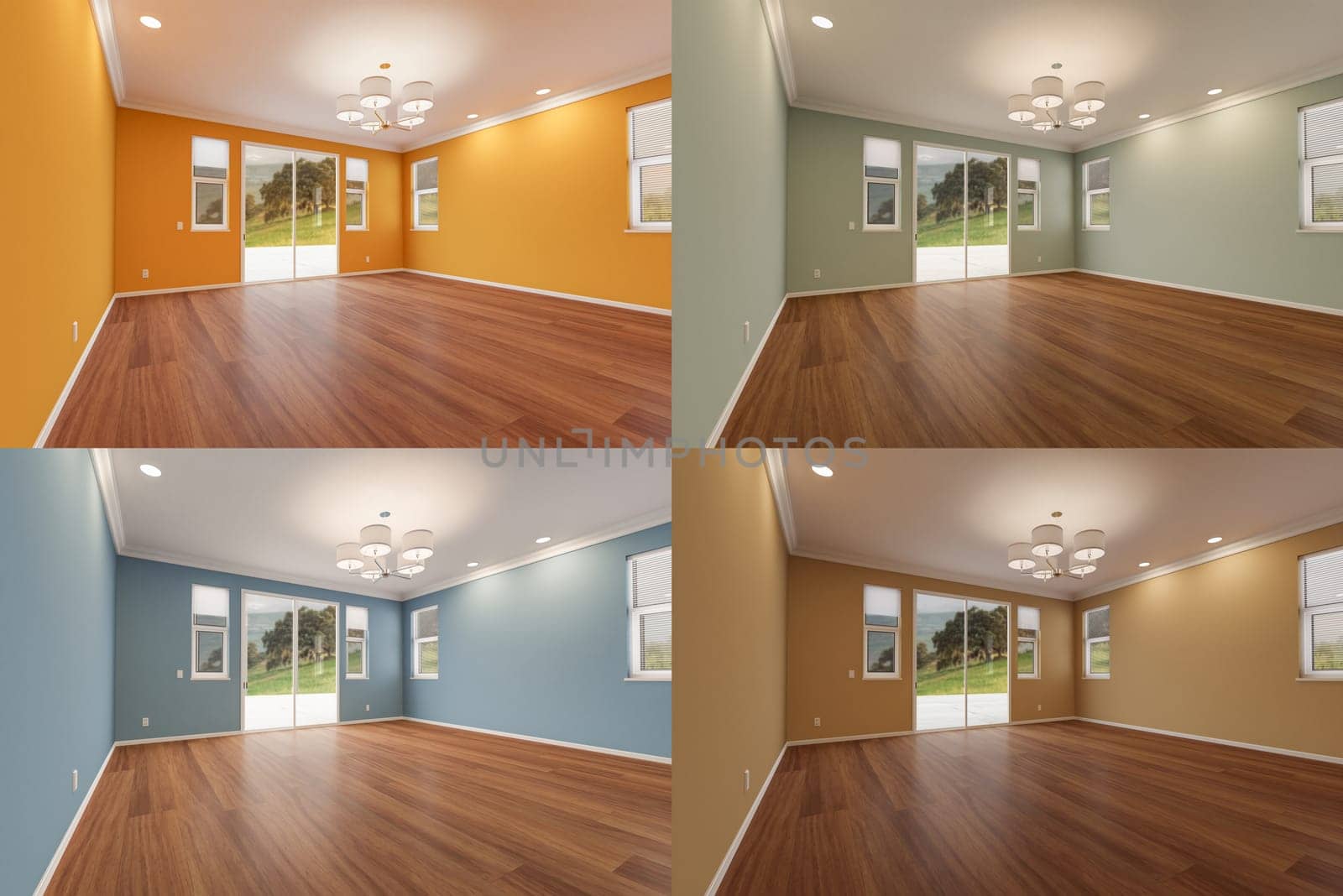 Comparison of Newly Remodeled Room of House with Wood Floors, Moulding, Ceiling Lights and Four Different Painted Wall Colors.