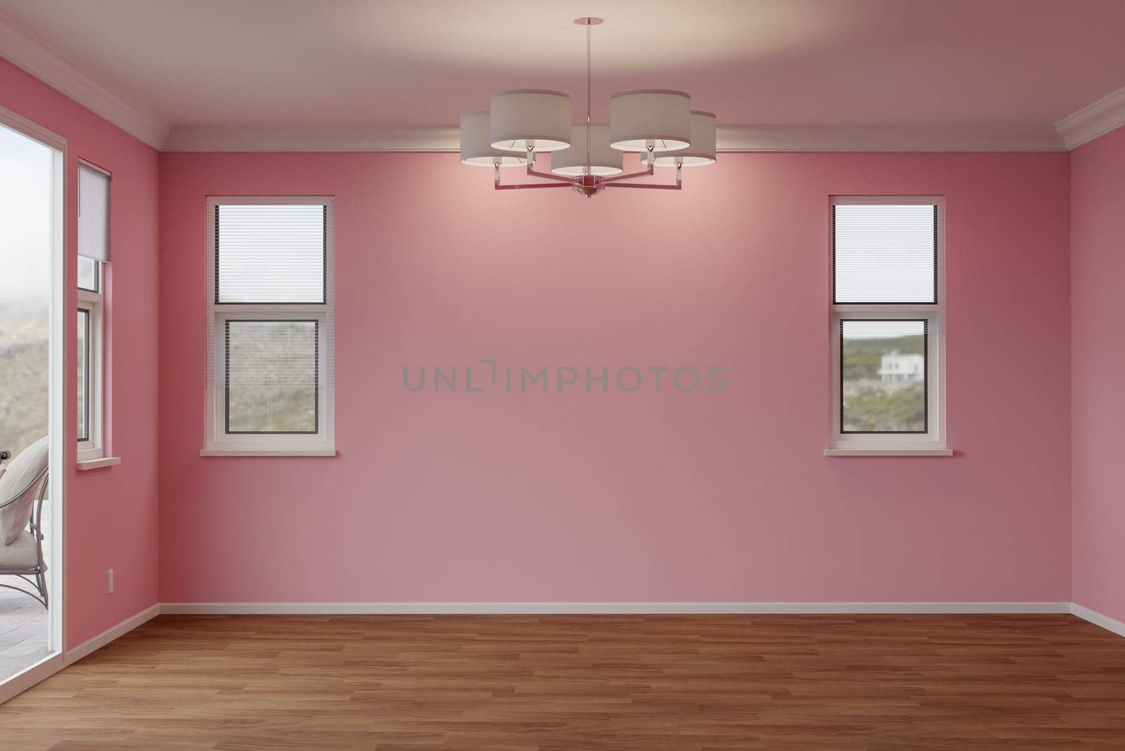 3D Illustration of Newly Remodeled Room of House with Wood Floors, Moulding, Light Bubble Gum Pink Paint and Ceiling Lights..
