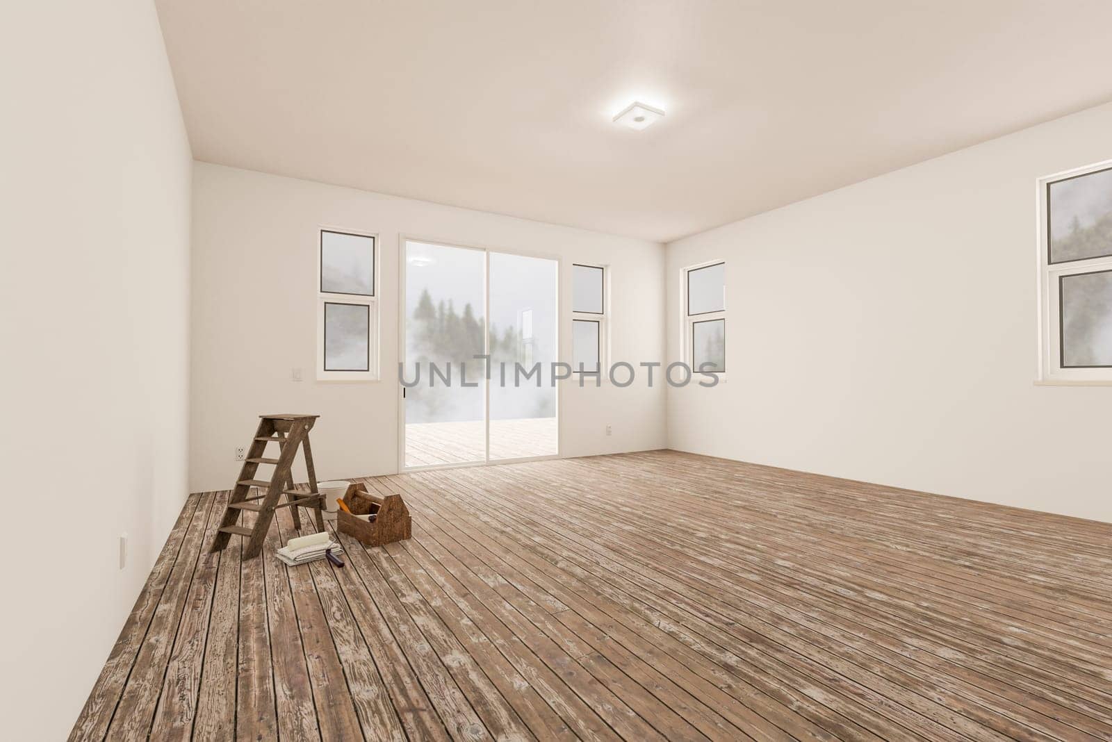 Ladder and Painting Equipment In Raw Unfinished Room of House with Blank White Walls and Worn Wood Floors.