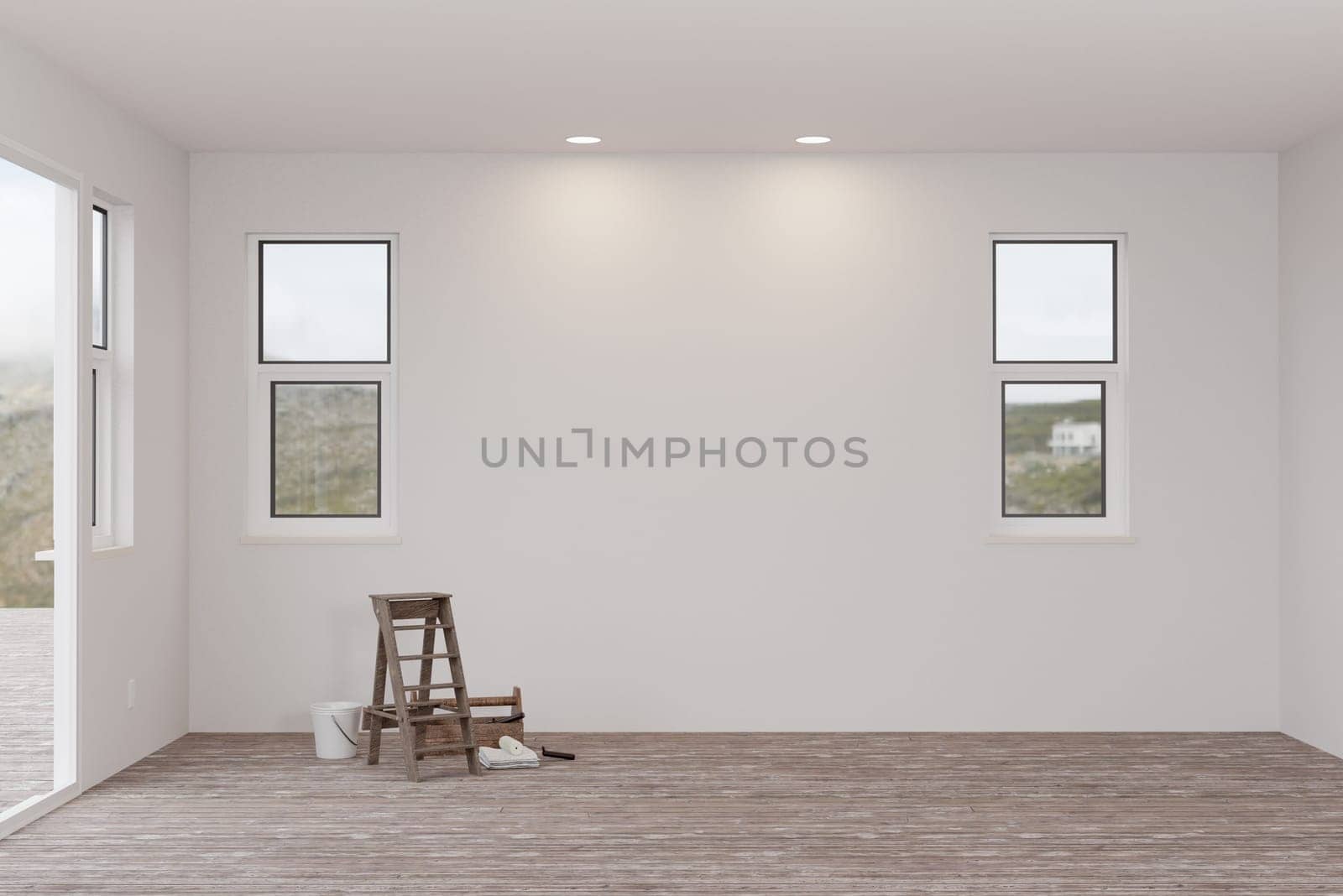 3D Illustration of Ladder and Painting Equipment In Raw Unfinished Room of House with Blank White Walls and Worn Wood Floors.