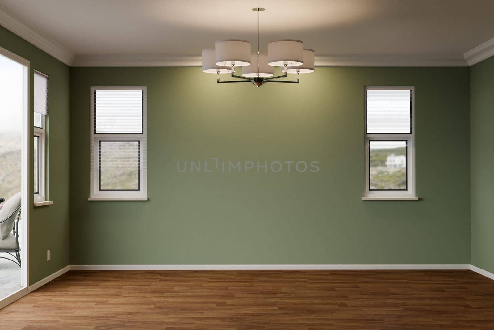 3D Illustration of Newly Remodeled Room of House with Wood Floors, Moulding, Olive Green Paint and Ceiling Lights..