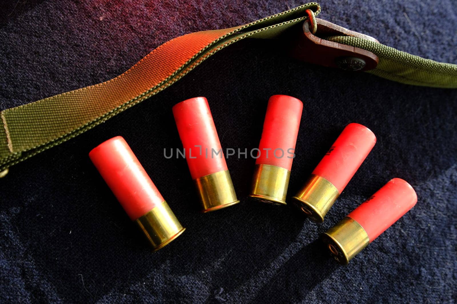 Shotgun shells on a black surface. Ammunition for 12 gauge smoothbore weapons. Hunting ammunition. Dark background
