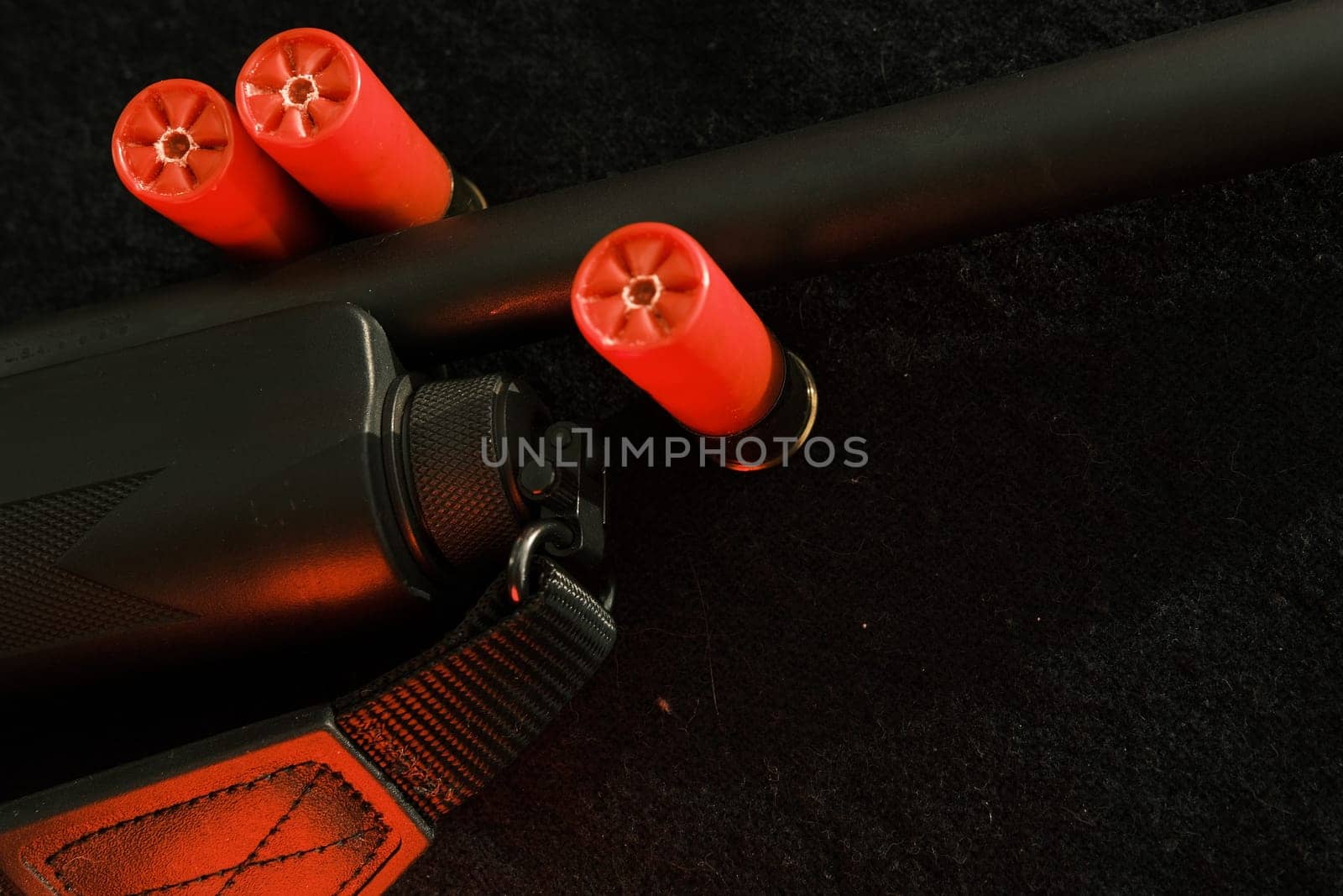 shell magazine into the barrel of a long shotgun on dark background with leather belt.