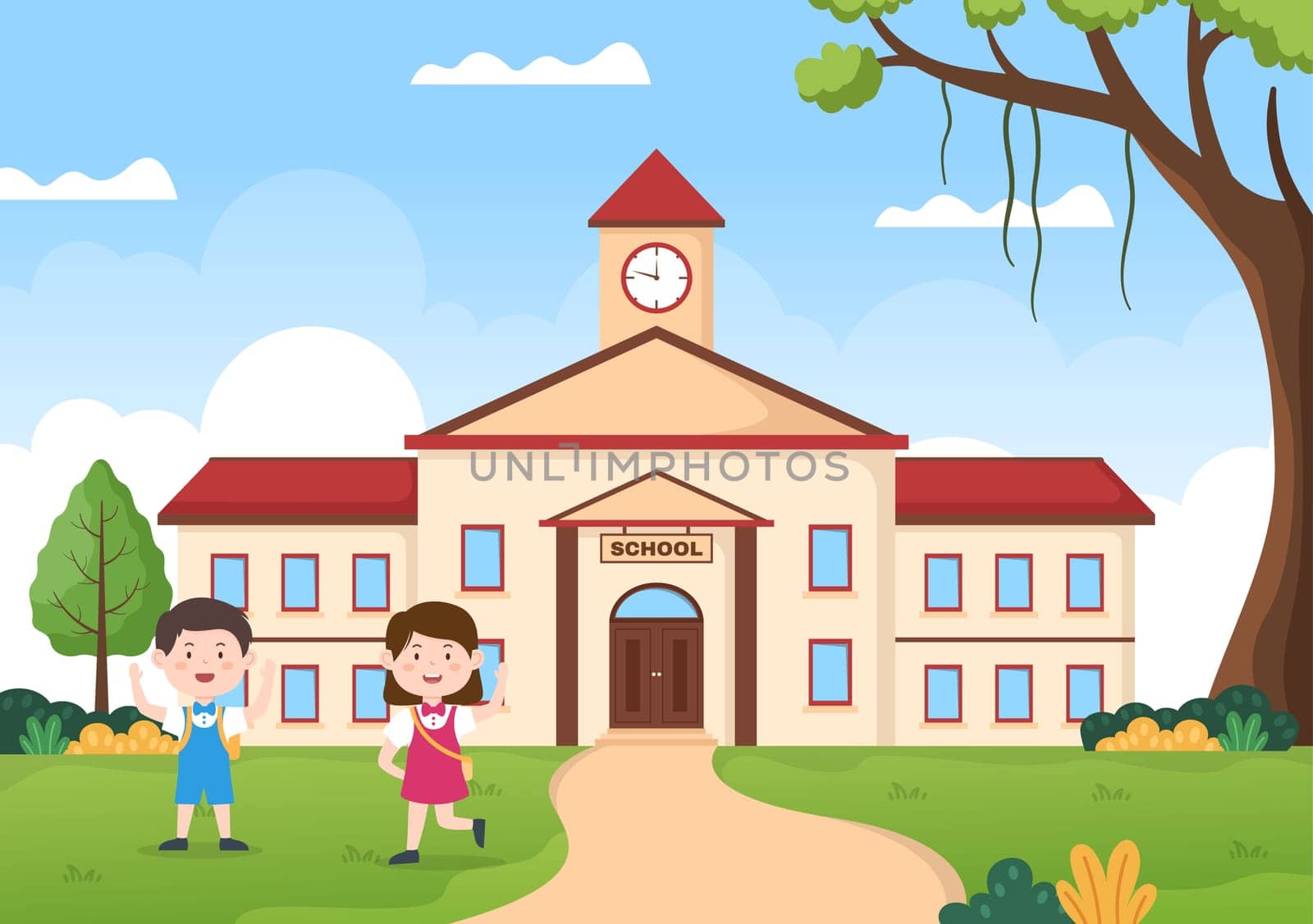 Students Leave School Building After Class or Program and Back to Home in Template Hand Drawn Cartoon Flat Style Illustration