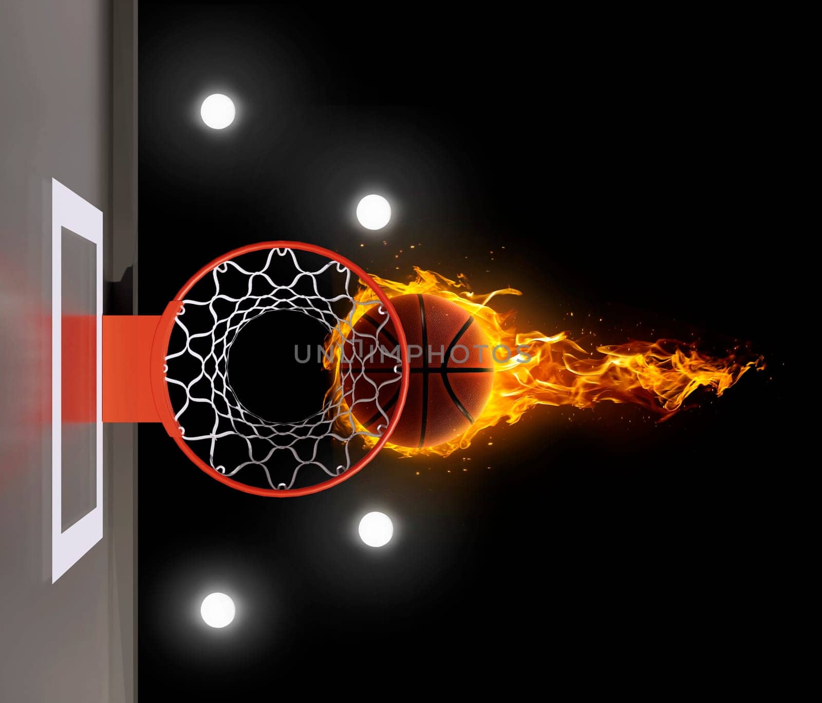 3D render of fiery basketball ball flying to hoop on black background