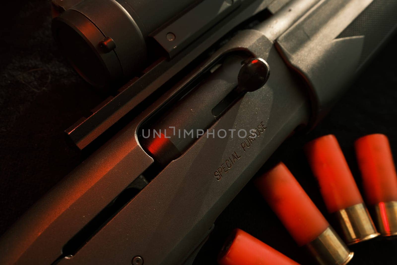 Closeup shotgun shutter. Hunting semi-automatic shotgun with wooden butt on dark background.