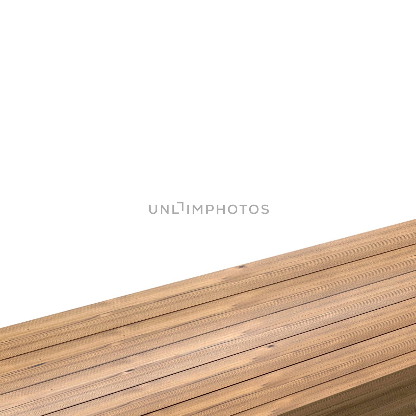 A view of the corner of a wooden table or corner of a wooden table on a white background. 3d render