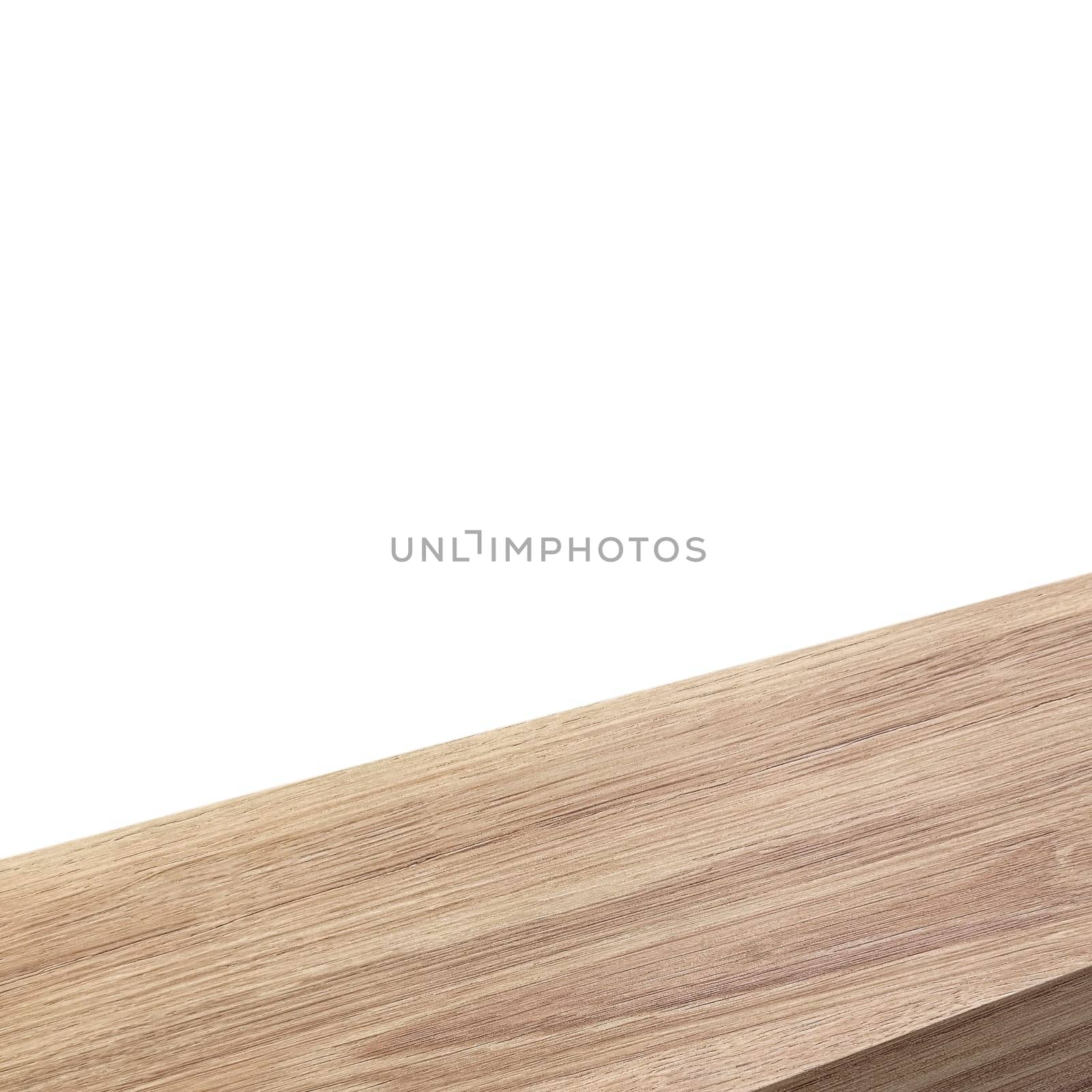 A view of the corner of a wooden table or corner of a wooden table on a white background. 3d render