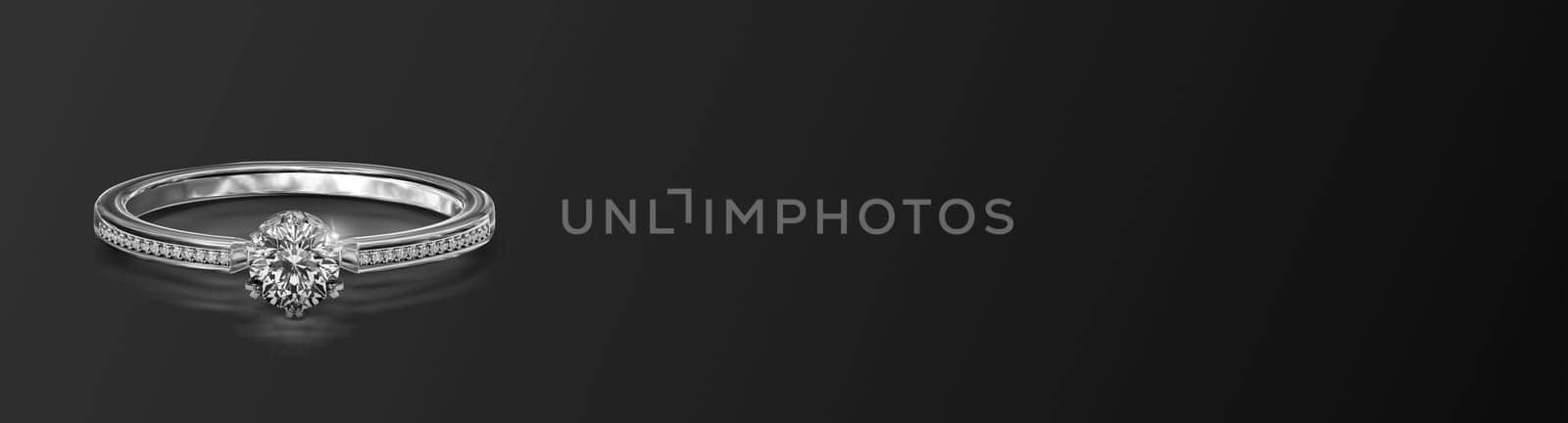 Elegant diamond ring on black background, wide image. 3d render