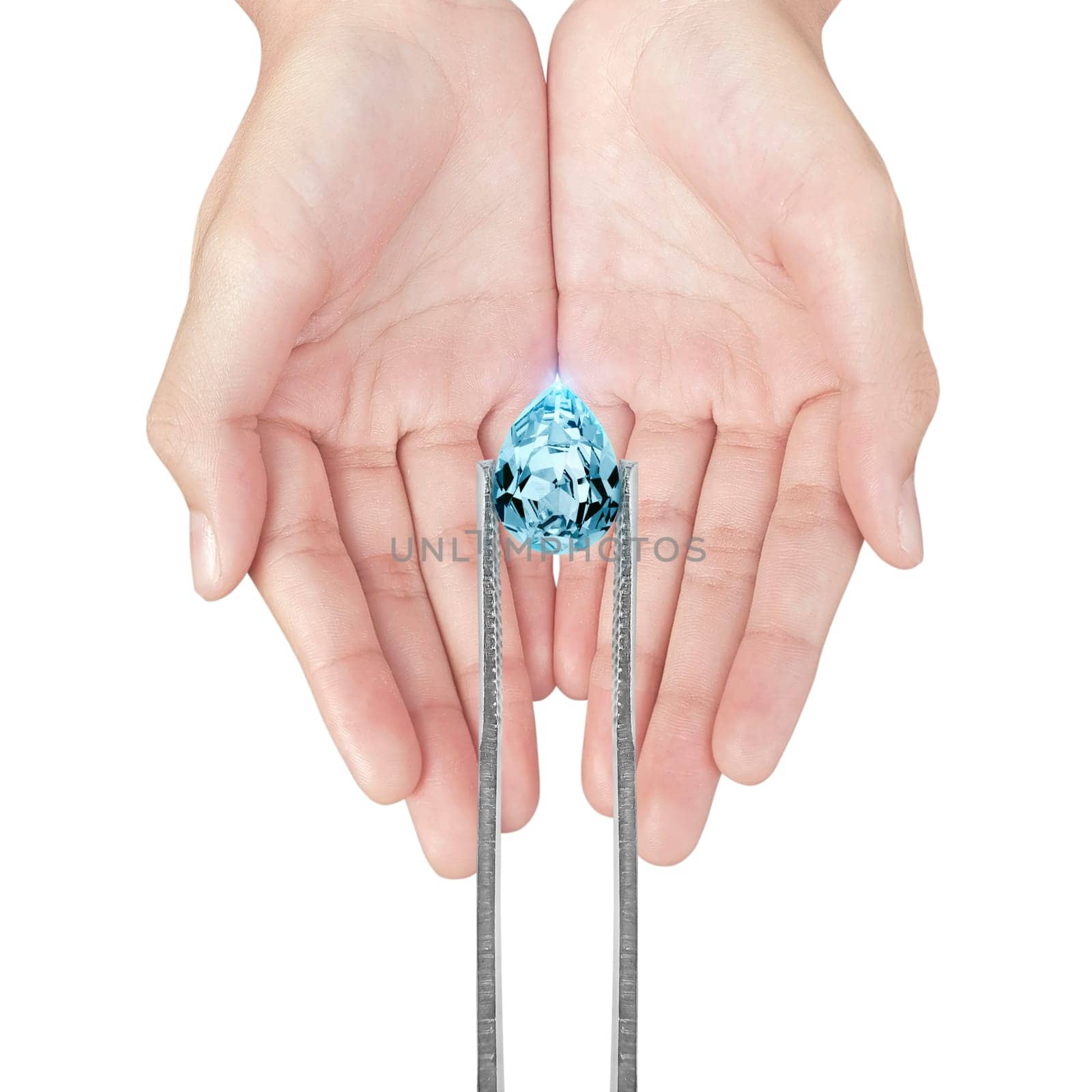 blue diamonds held in tweezers on a white background