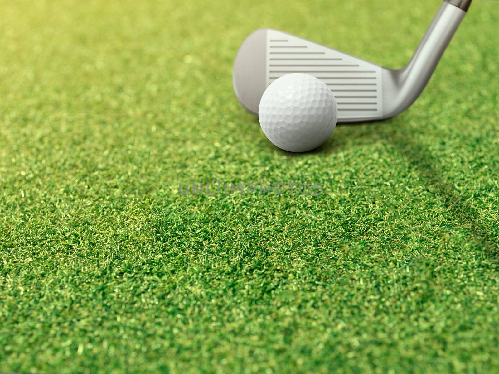Golf ball and putter is on green grass next to golf hole