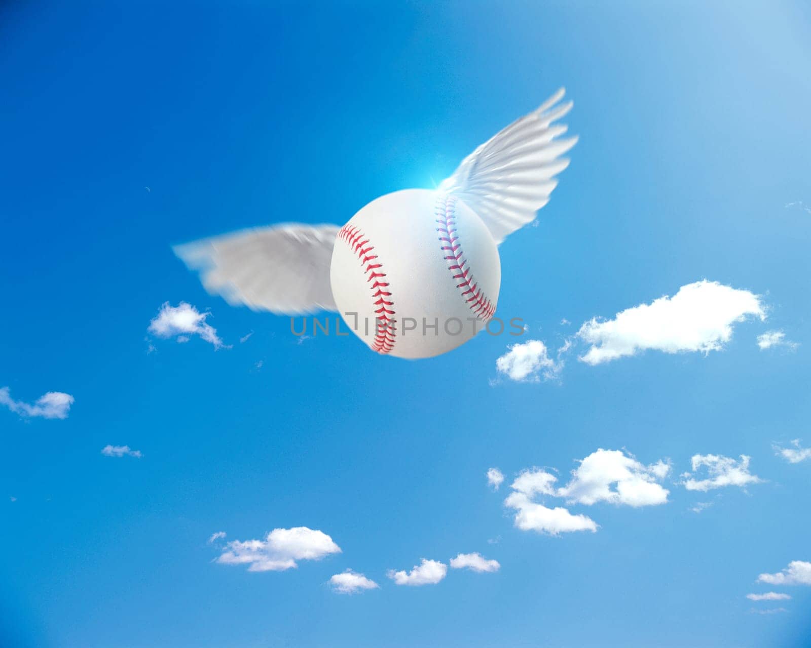 flying baseball on sun and sky background, ideas for baseball sport