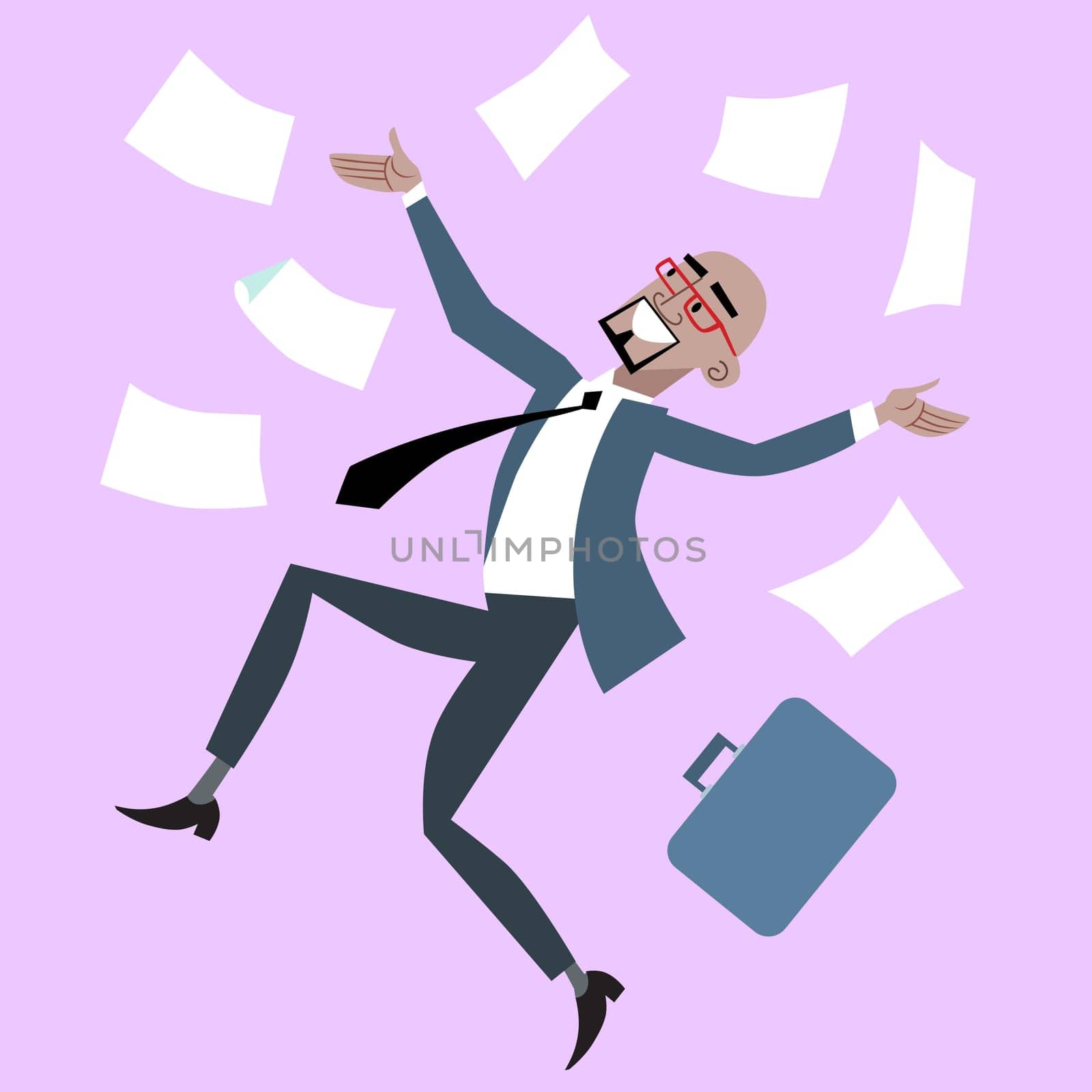 African businessman rejoices luck success. Man throws business papers