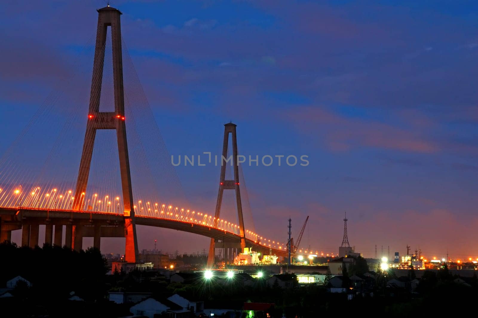 The panorama of Xu Pu bridge at night in Shanghai, China