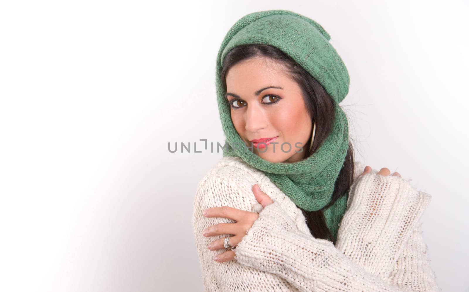 A beautiful woman wrapped in knitted material
