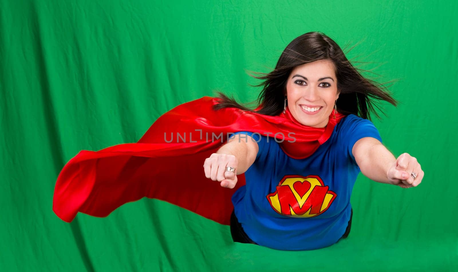 Super Mother on Green Screen Hero Character Flying Red Cape