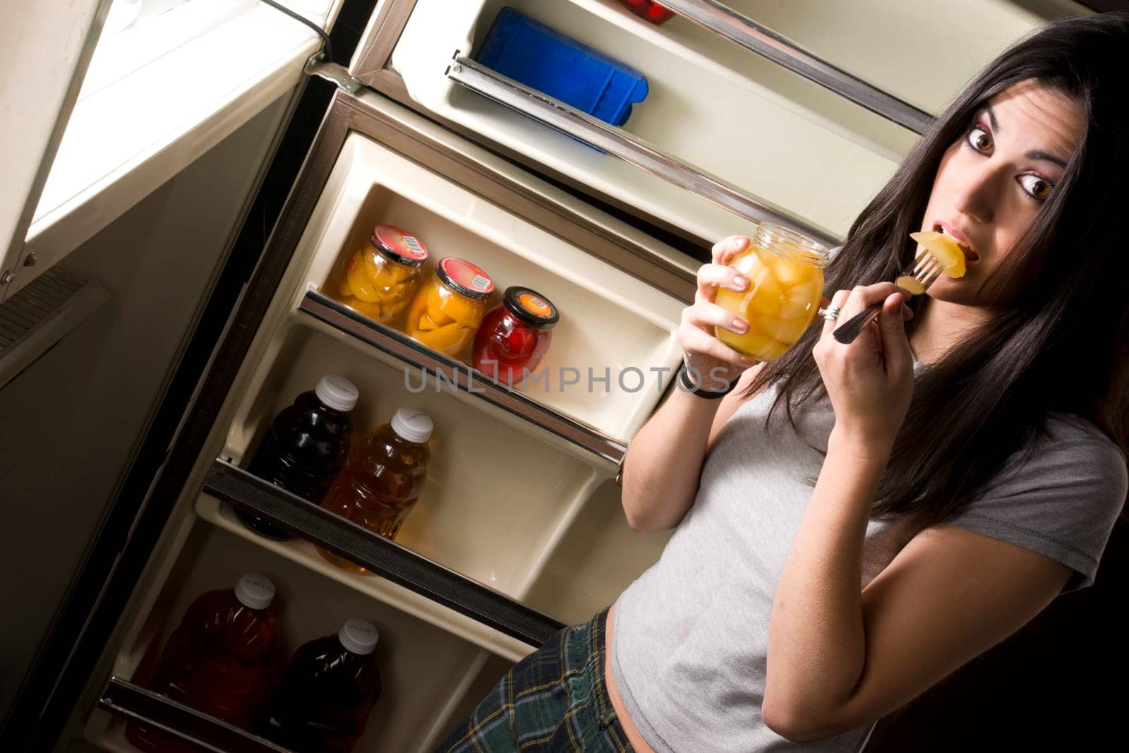 Woman Caught Munching at Refrigerator Late Night Midnight Food Snack