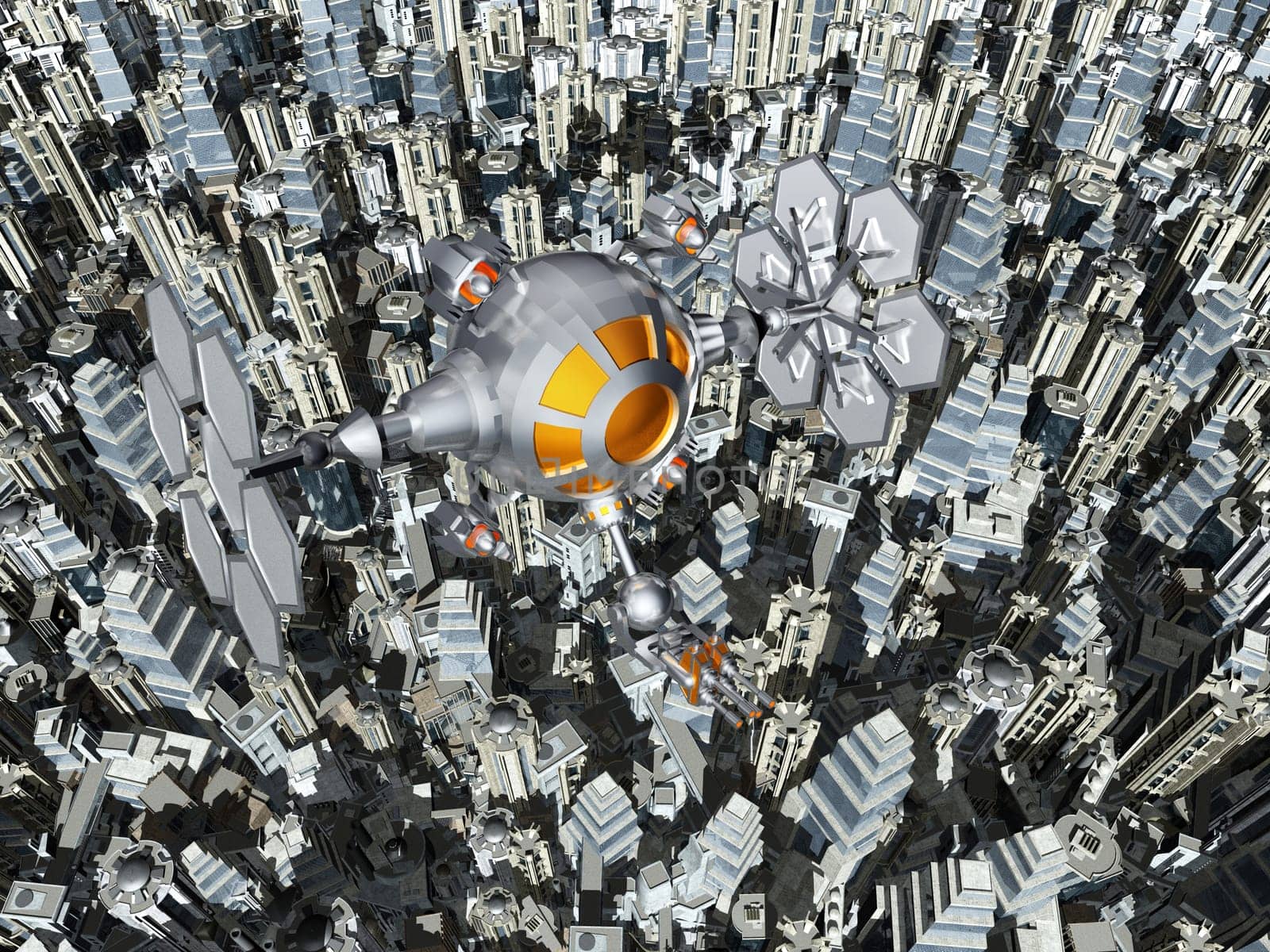 Computer-generated 3D illustration with an alien spaceship over a big city