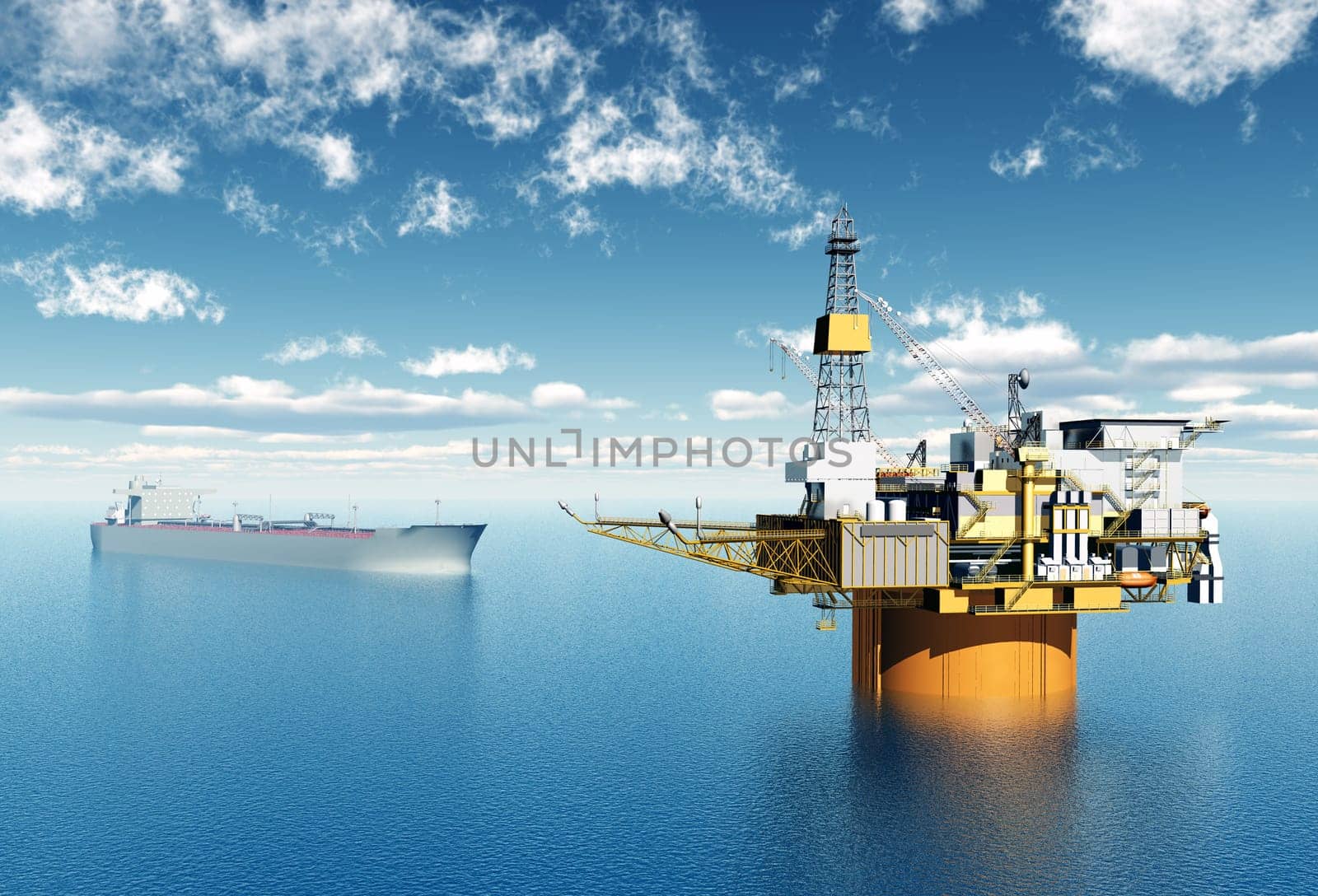 Computer-generated 3D illustration with a drilling rig and a supertanker