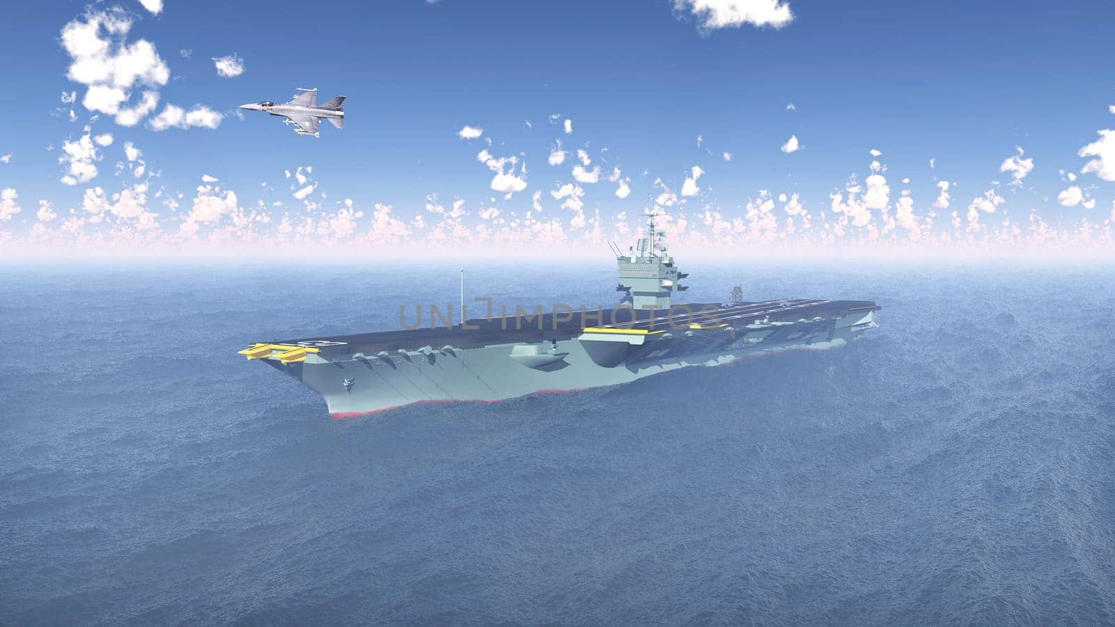 Computer-generated 3D illustration with an American aircraft carrier and a fighter aircraft