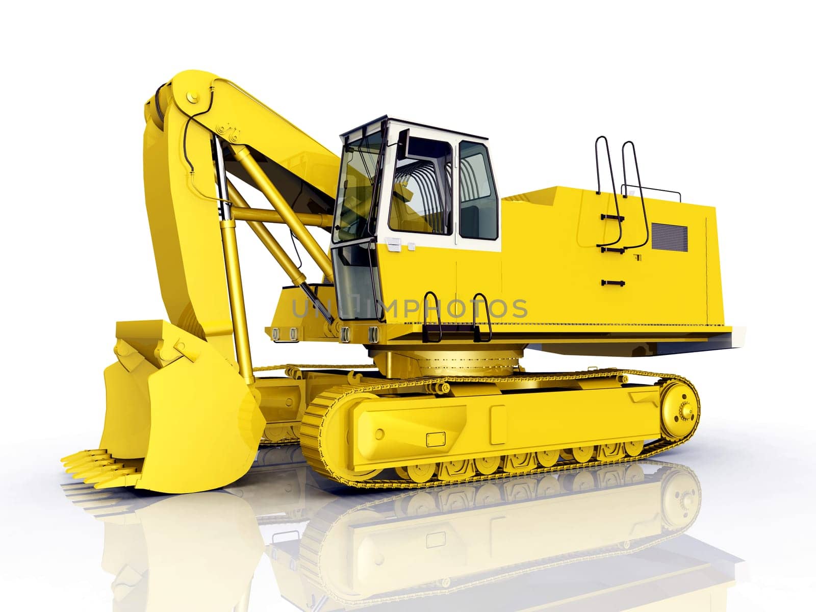 Computer-generated 3D illustration with a crawler excavator against a white background