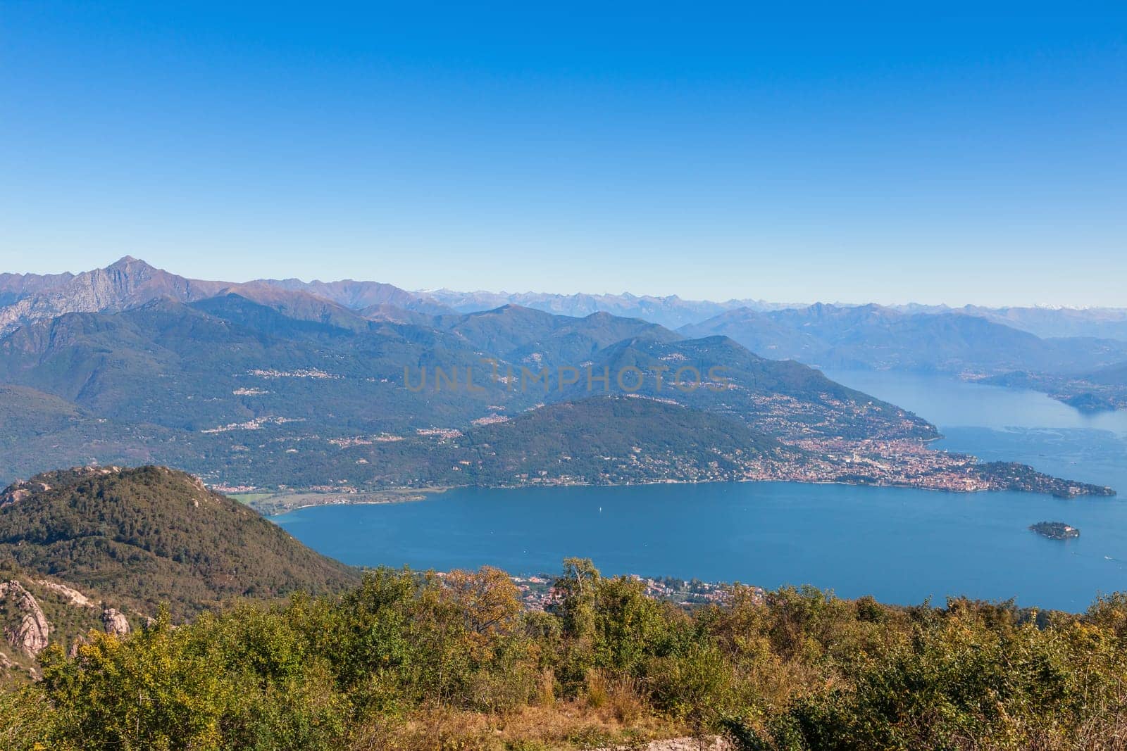 View of coastline of  Lago Maggiore, Italy