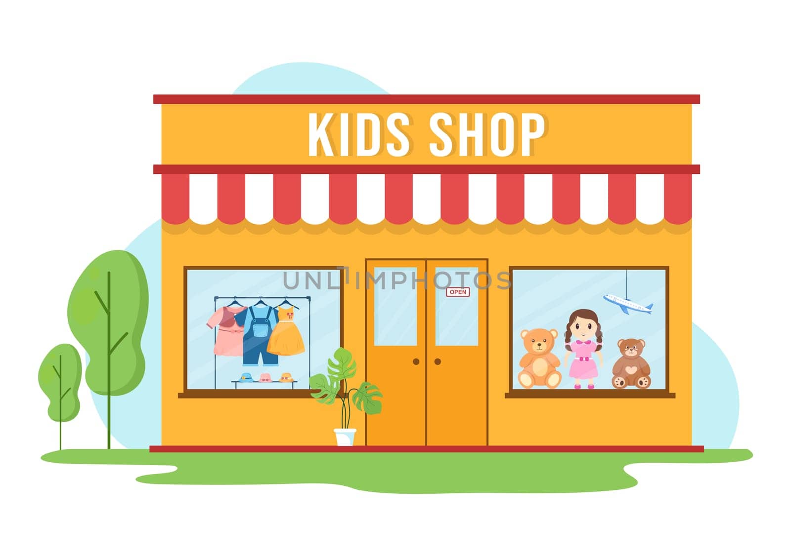 Kids Shop Building Template Hand Drawn Cartoon Flat Style Illustration with Children Equipment such as Clothes or Toys for Shopping Concept