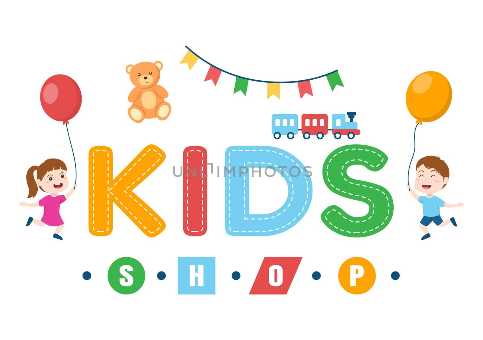 Kids Shop Building Template Hand Drawn Cartoon Flat Style Illustration with Children Equipment such as Clothes or Toys for Shopping Concept