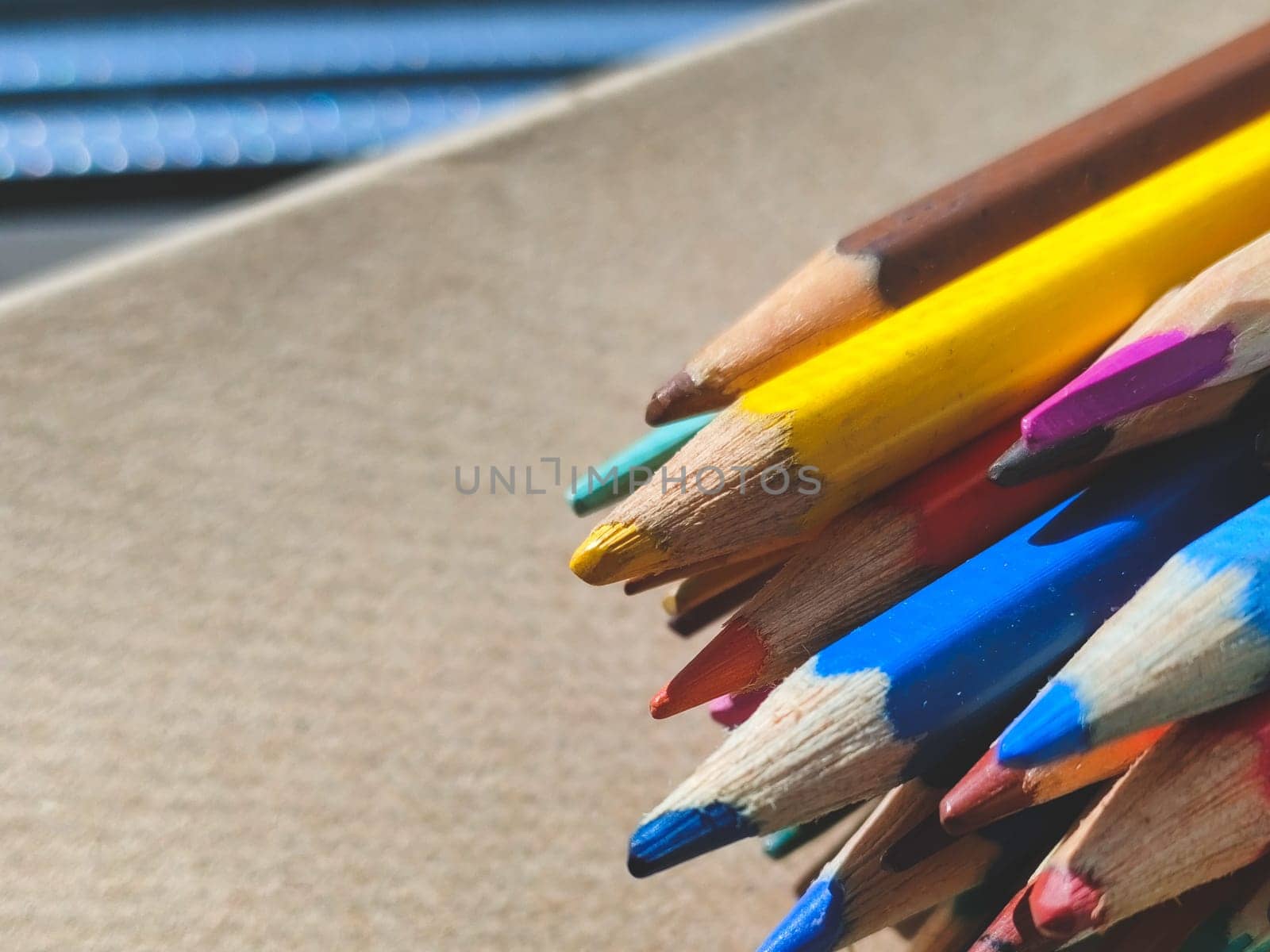 Bunch of colorful pencils on cardboard close up