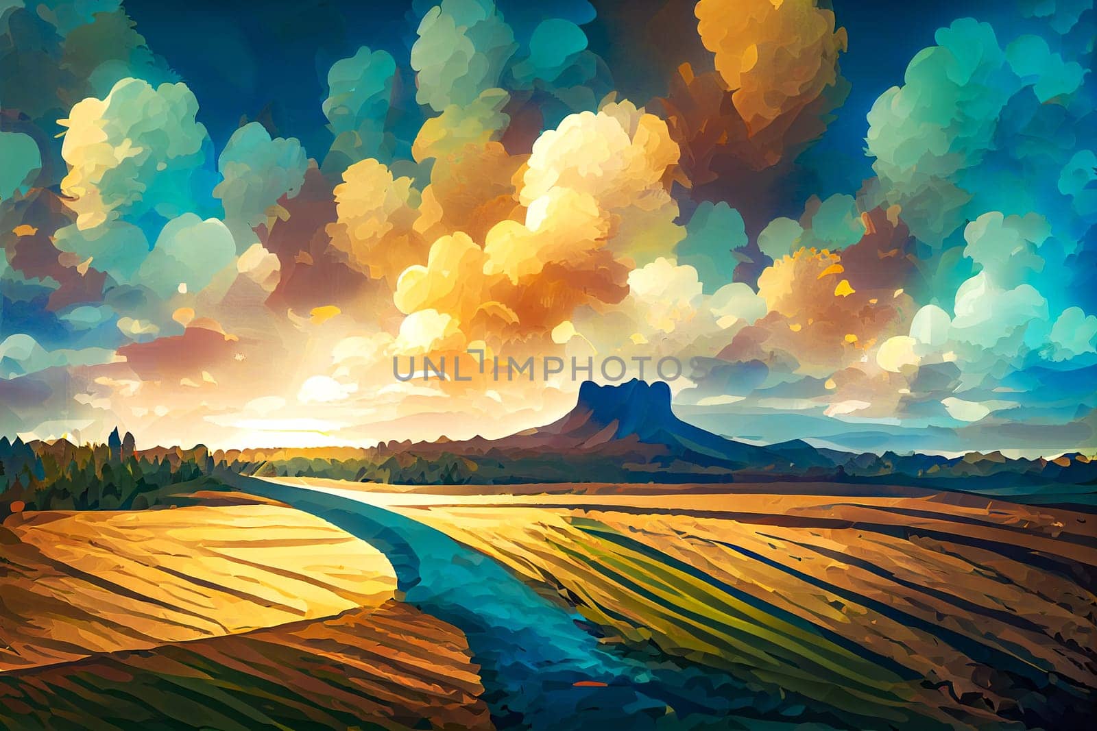 Illustration of autumn orange mountain landscape and endless road ahead