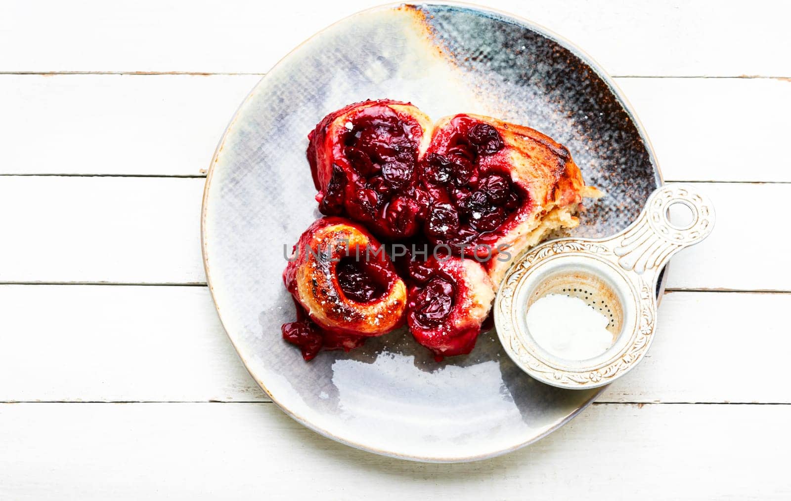 Savoury cottage cheese pie with cherry filling. Sweet dessert, rustic cake