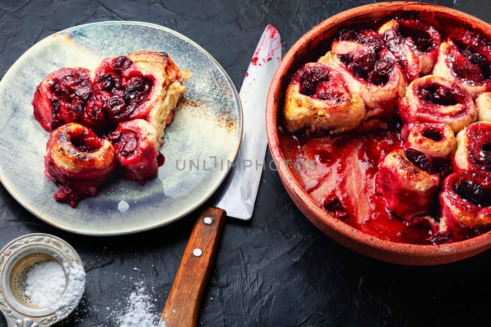 Savoury cottage cheese pie with cherry filling. Sweet dessert, rustic cake