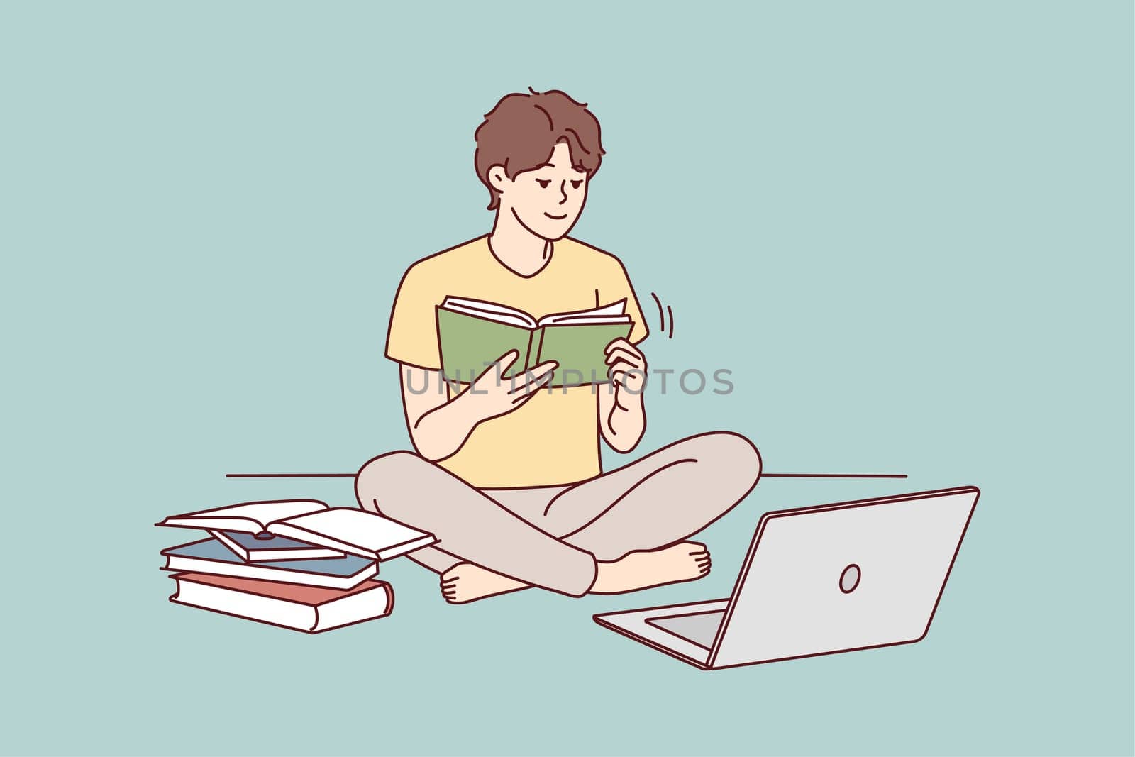 Guy sit on floor study on compute read textbooks prepare for exam. Focused male student enjoy books reading use computer for school preparation. Vector illustration.