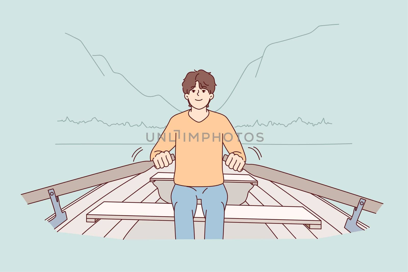 Young man rowing in boat relax on vacation in mountains. Smiling guy sit in ship enjoy outdoor recreation in nature. Vector illustration.