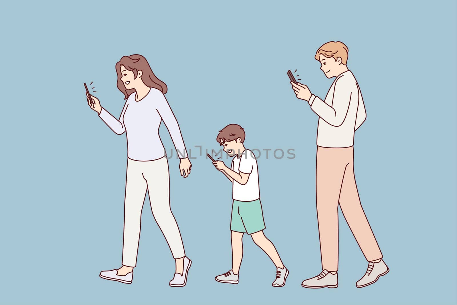 Family with kid walking street holding smartphones. Addicted parents and child using cellphone. Mobile phones and technology addiction. Vector illustration.