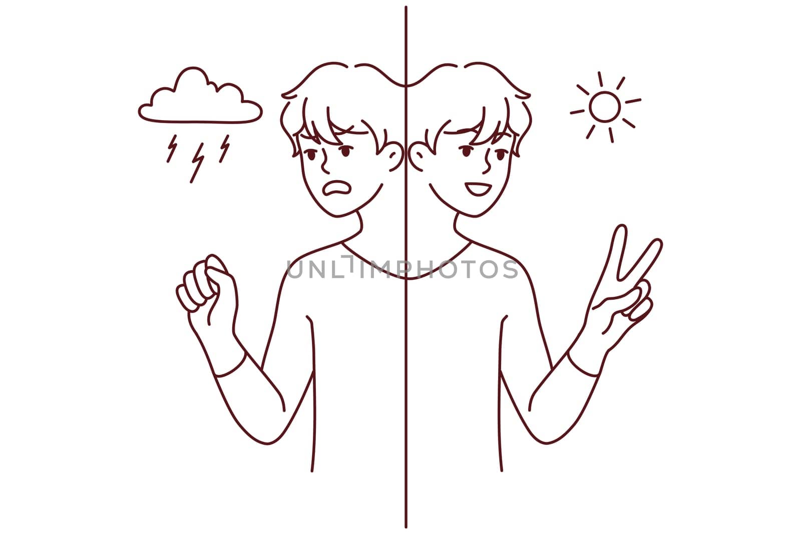 Young man in different mood suffer from mental or psychological problem. Mad and happy male mood swings. Bipolar disorder. Vector illustration.
