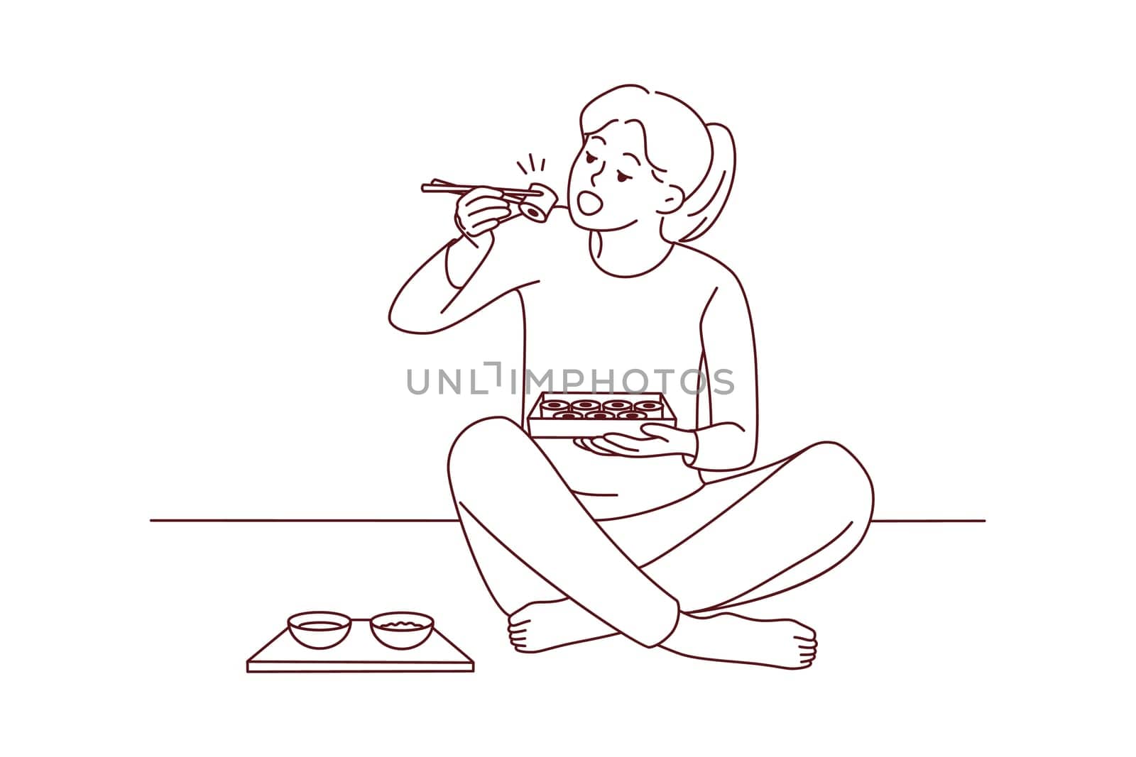 Happy young woman sit on floor eating sushi with chopsticks. Millennial female enjoy traditional Japanese food at home. Cuisine concept. Vector illustration.