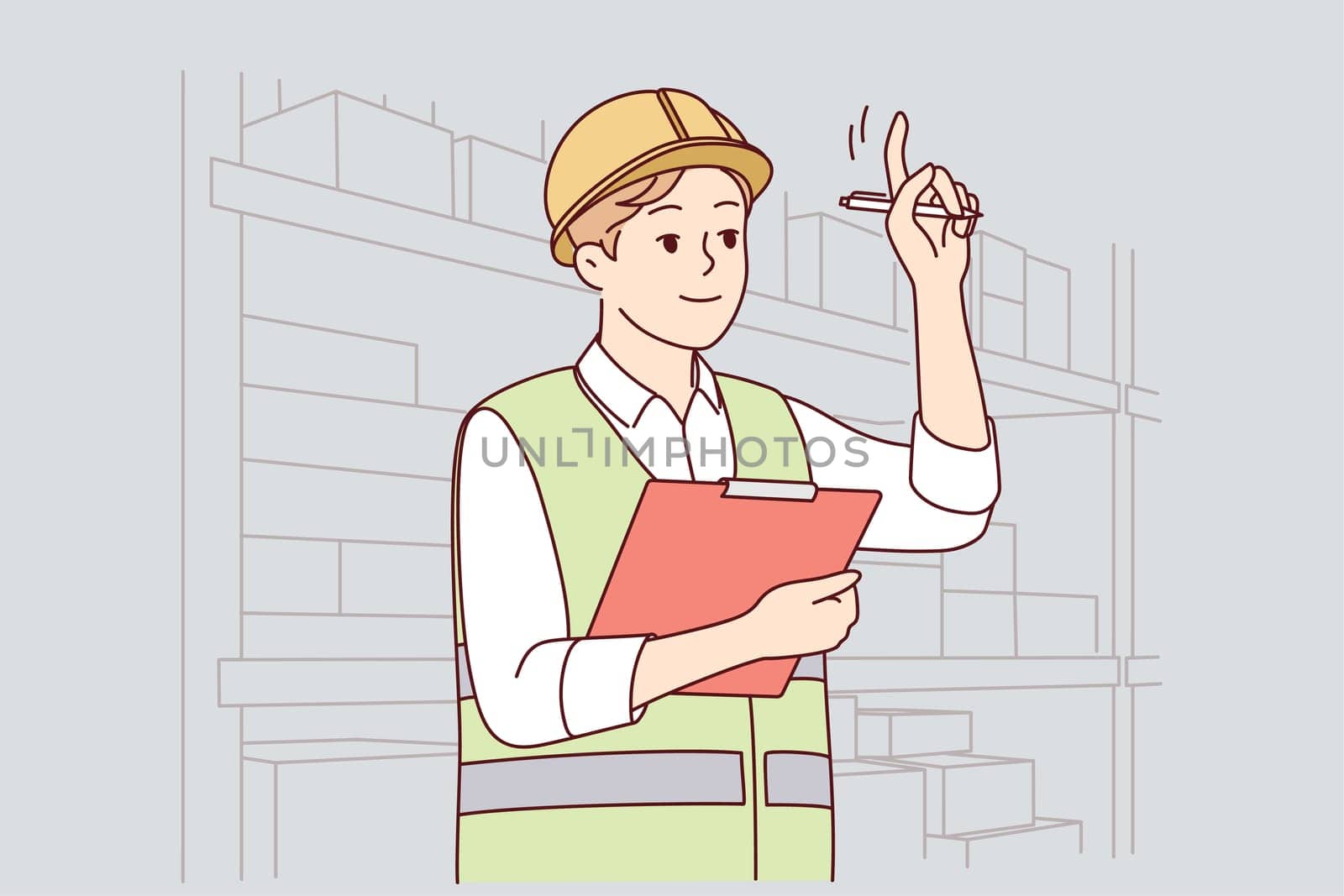 Man in uniform and helmet working in warehouse. Smiling male engineer or mechanic at storehouse or depot. Occupation and profession. Vector illustration.