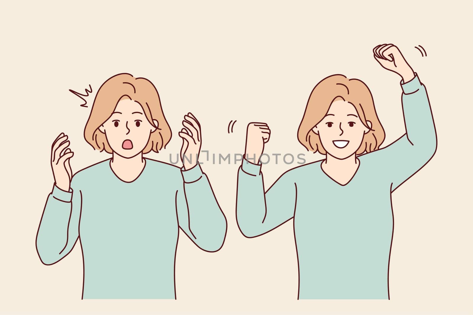 Young woman feeling unhappy and happy showing different emotions. Emotional girl feel stressed and excited. Mood swing. Vector illustration.