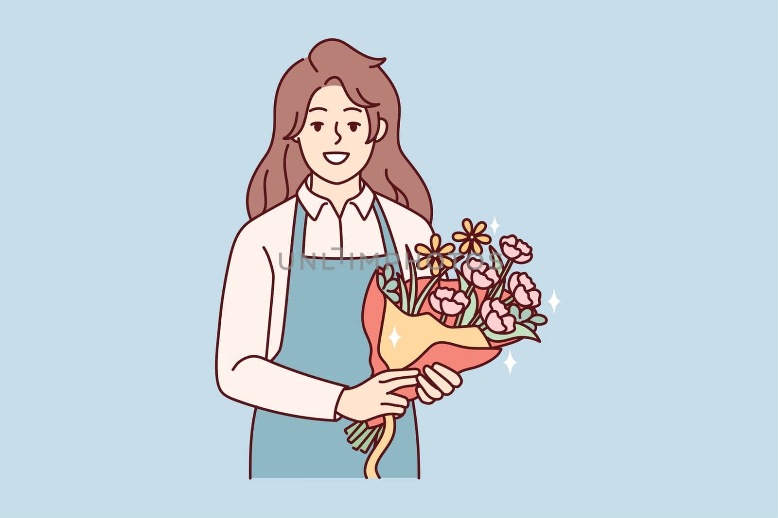 Portrait of smiling female florist in apron holding beautiful floral bouquet. Happy woman with flowers in hands working in botanical shop. Vector illustration.