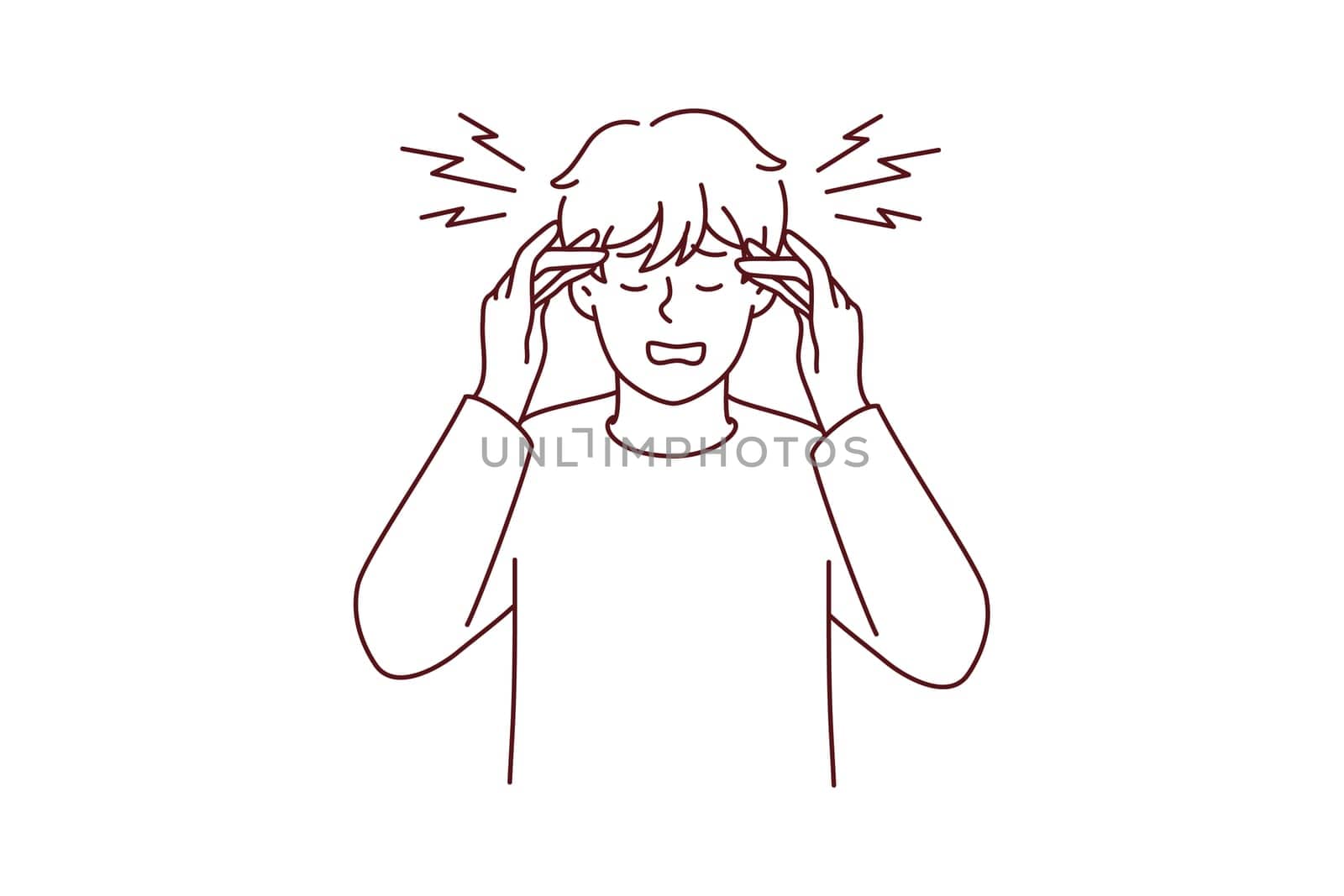 Stressed young man suffer from headache or migraine. Unhealthy distressed male struggle with dizziness and spasm. Stress and anxiety. Vector illustration.