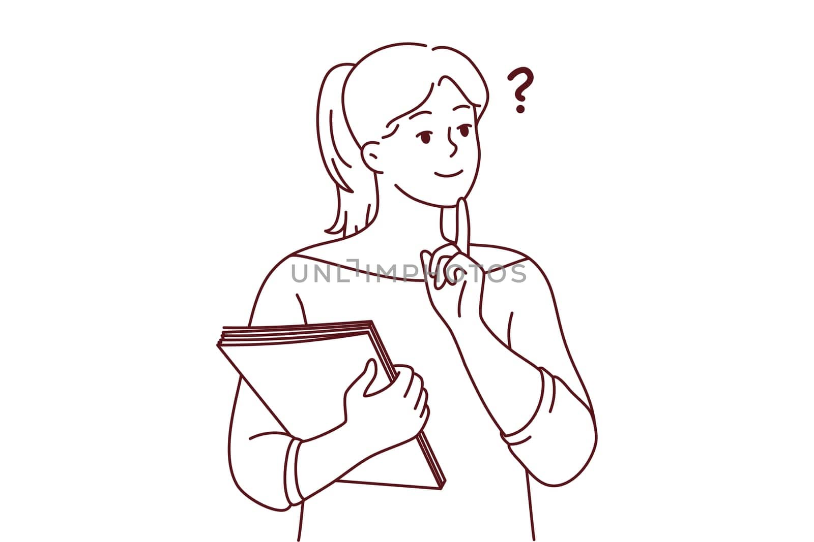 Pensive young woman with documents make decision or plan. Thoughtful girl thinking and brainstorming. Vector illustration.