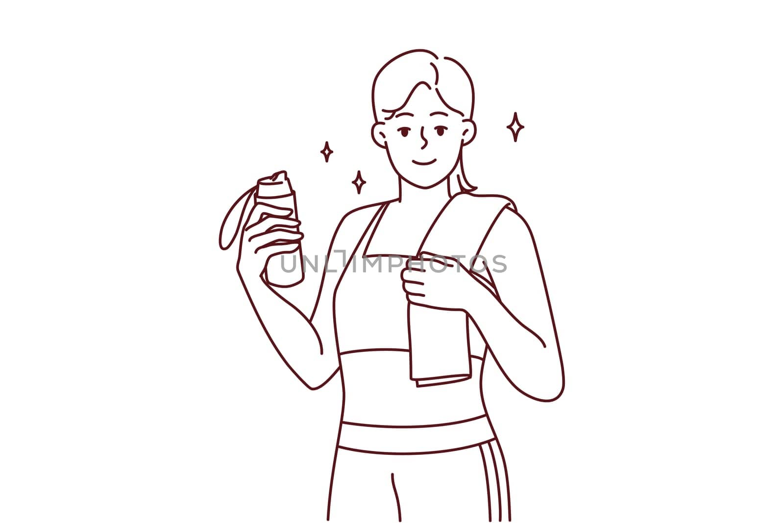 Portrait of smiling toned young woman in sportswear follow healthy lifestyle do sports. Happy sportive fit girl show good figure after workout. Vector illustration.