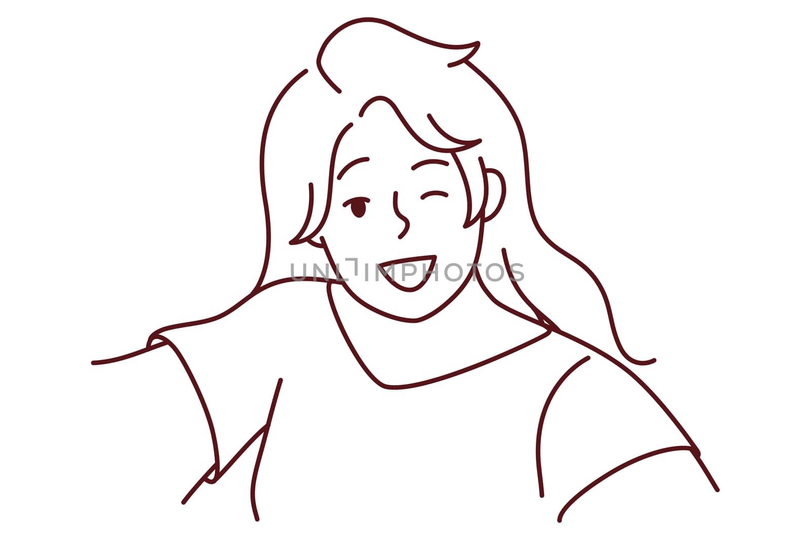 Smiling young woman make selfie on camera. Happy girl have fun take self-portrait picture on cellphone. Vector illustration.