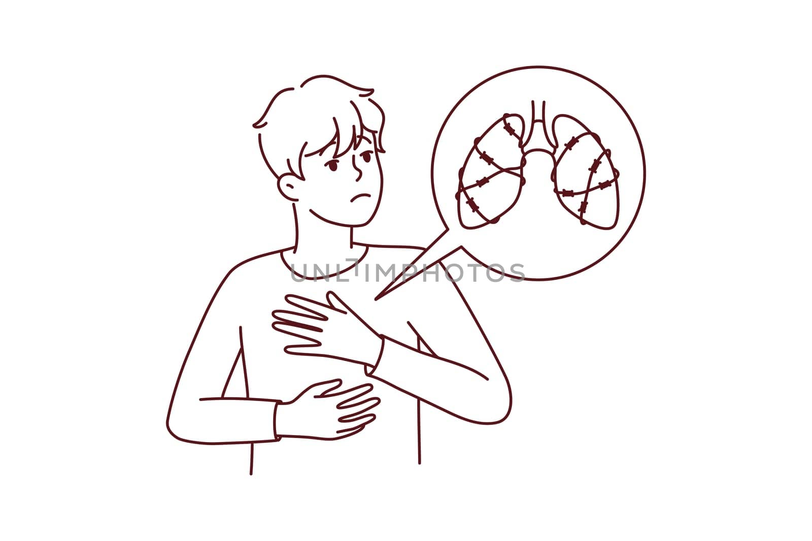Unhealthy man suffer from lungs disease need medical help. Unwell male struggle with breathing disease. Healthcare concept. Vector illustration.