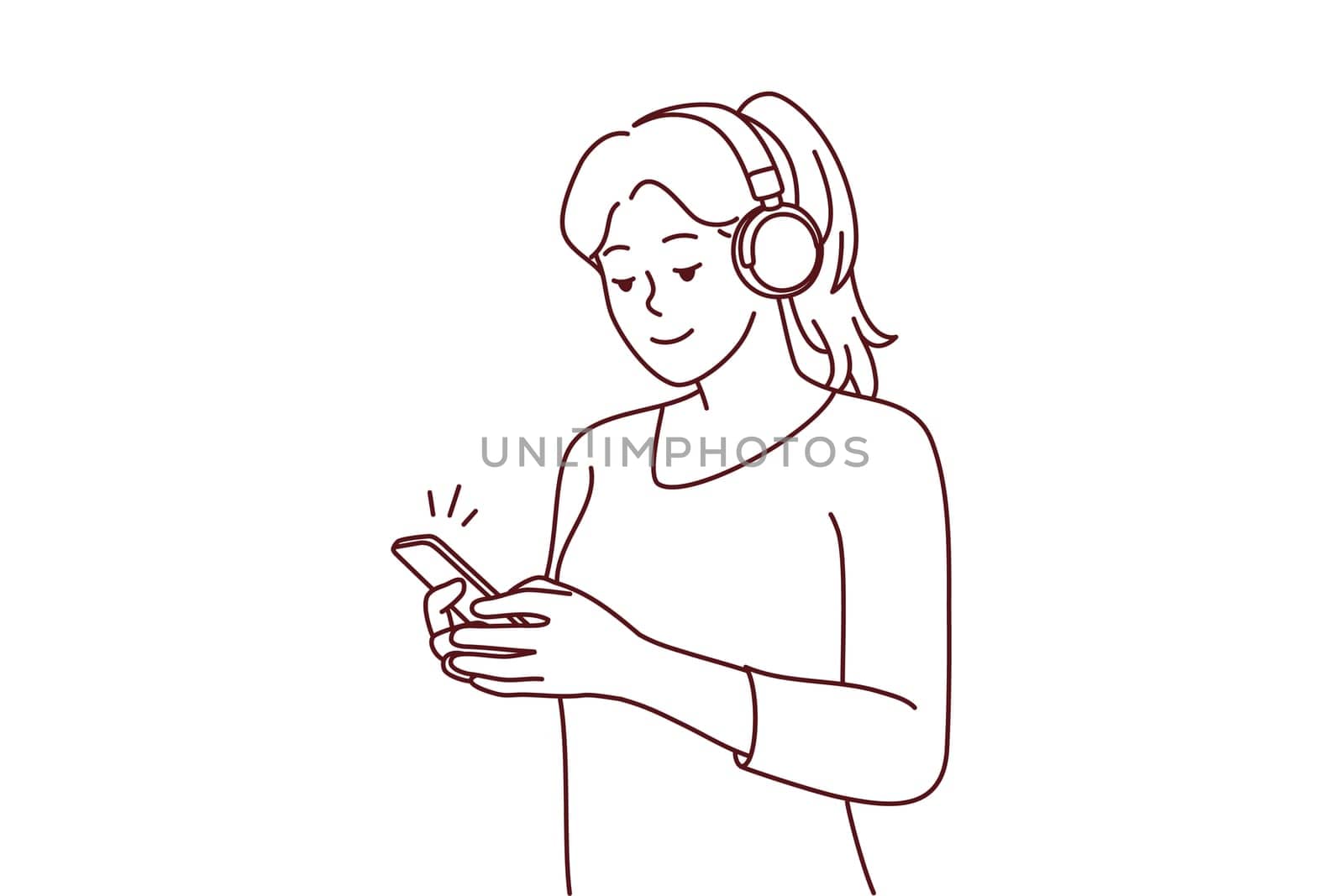 Happy young woman in headphones listen to music on smartphone. Smiling girl in earphones enjoy good quality sound on cellphone. Vector illustration.