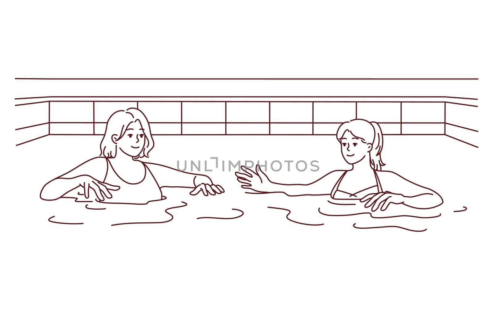Women in swimsuits have fun in swimming pool together. Female friends in bikini swim in water in indoor pool. Hobby and recreation. Vector illustration.